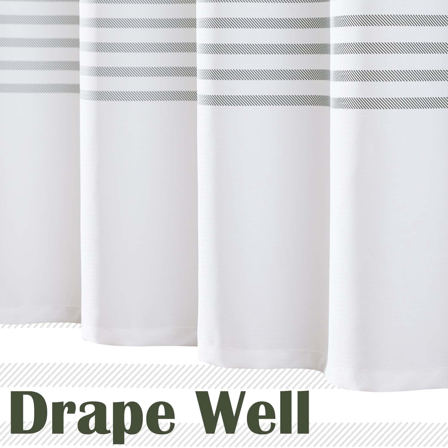 White Shower Curtain with Greenblack Stripes Waterproof Fabric Shower Curtain for Bathroom Modern Neutral Farmhouse Shower Curtain 70x72 inches with Hooks Shower Curtains Set Spa Hotel Dorm