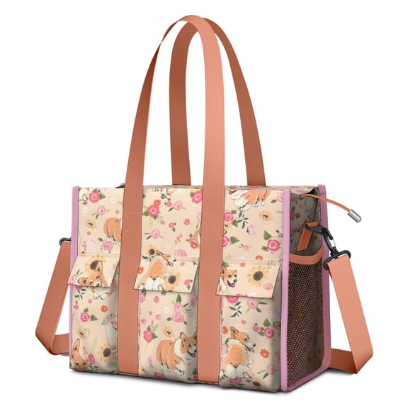 Teacher Tote Bag,Corgi Dog and Flower Florals Teacher Utility Tote Bag,Large Work Tote Bags for Women with Multiple Pockets,Top Zipper Closure,13.8x10.6x6.7 Inch