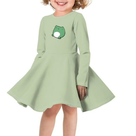 FKELYI Size 7-8 Years Long Sleeve Dresses Loose Cartoon Frog Round Neck Swing Dress for School Home Comfortable Cute Long Sleeve Dresses for Teen Girls