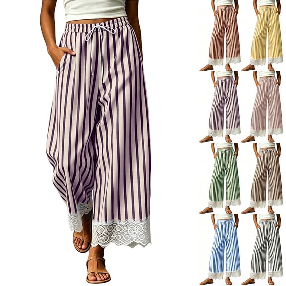 Chiccall Women's Striped Lace Trim Wide Leg Cropped Pants Drawstring Elastic Waist Casual Trousers with Side Pockets Flowy Summer Loungewear
