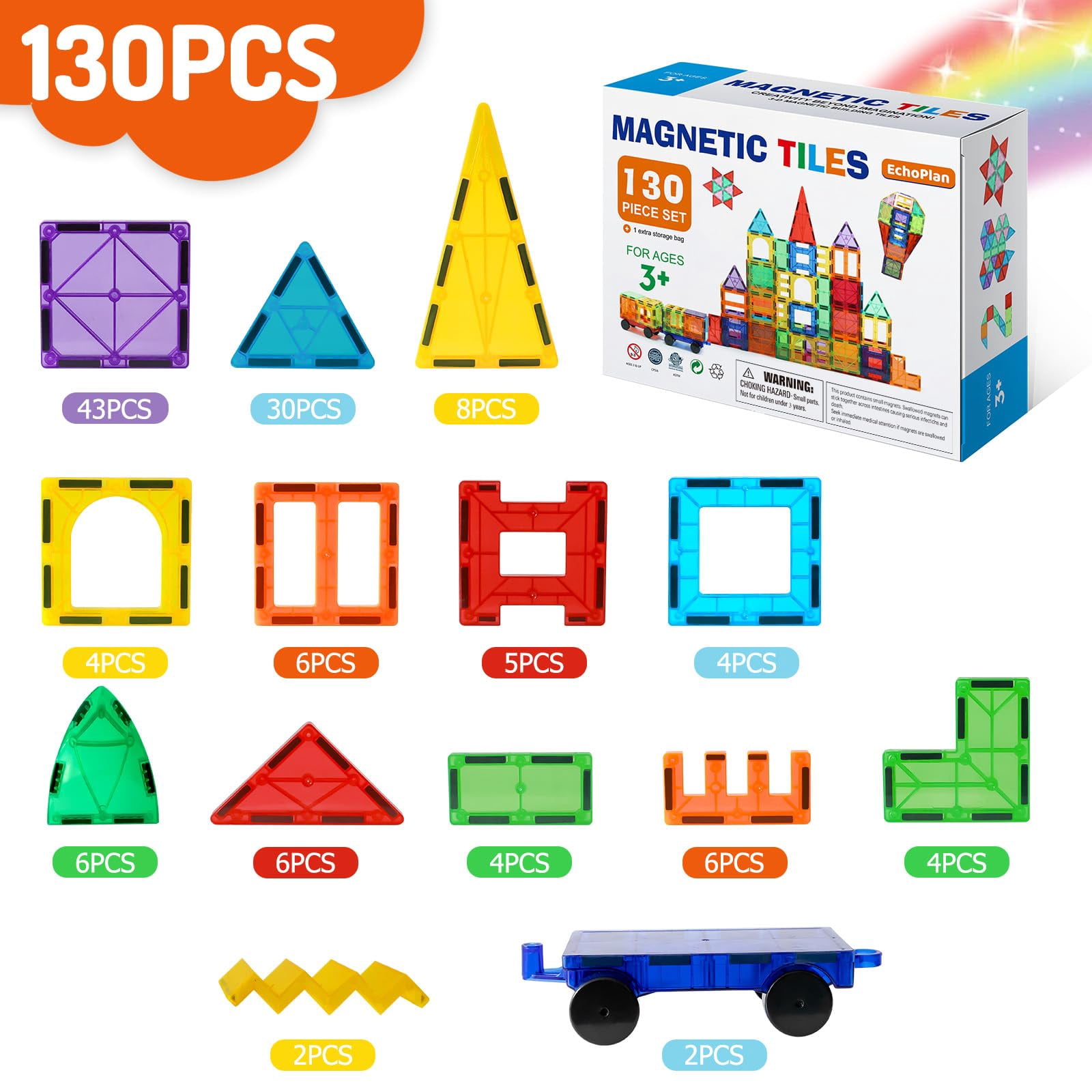 Magnetic Tiles, 130PCS Magnetic Blocks with 2 Cars, Magnet Tiles 3D Clear Building Blocks Set , STEM Sensory Educational Toys Gift for Toddlers Kids Boys 3 4 5 6 7 8 9+ Year Old