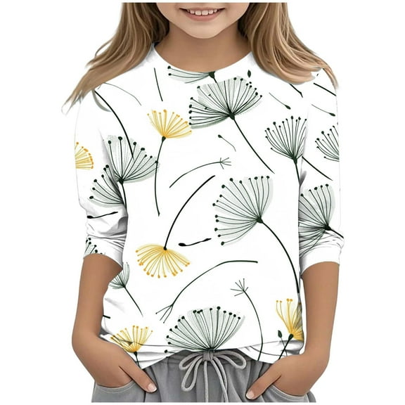 Favoffer Fall/Winter Girls Floral Graphic 3/4-Sleeve Crewneck Top Casual/Party 3-12Y