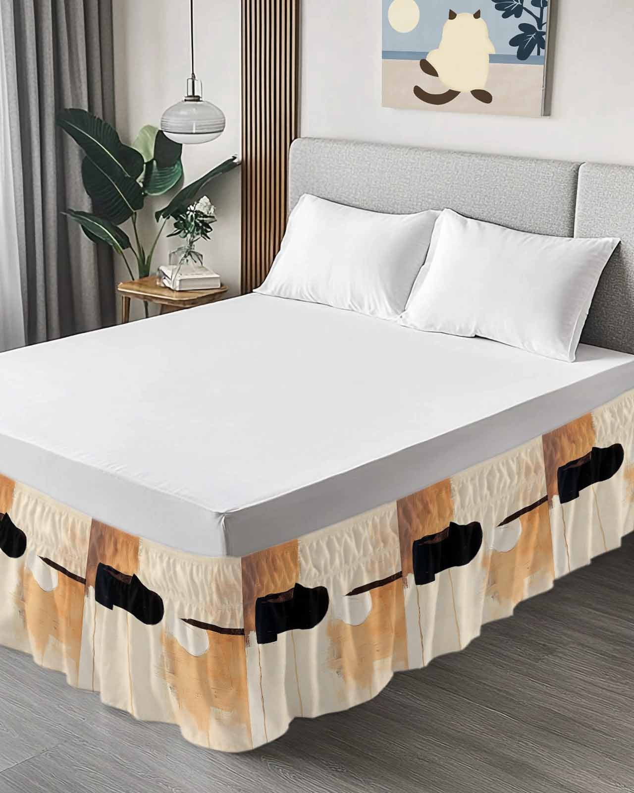 Beige Black Ruffle Bed Skirt California King Size Abstract Art Mottled Graffiti Color Block Modern Adjustable Elastic Dust Bed Skirts Wrap Around Bedskirt Wrinkle Free Easy Fit with 18 Inch Drop