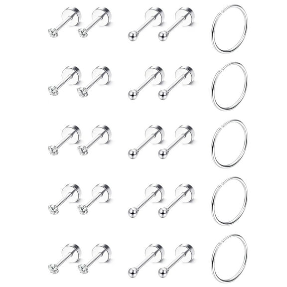 Cterwk 12 Pairs Stainless Steel Hoop Earring 2mm Small Ball Flat Back Stud Earrings for Women, Men, Silver