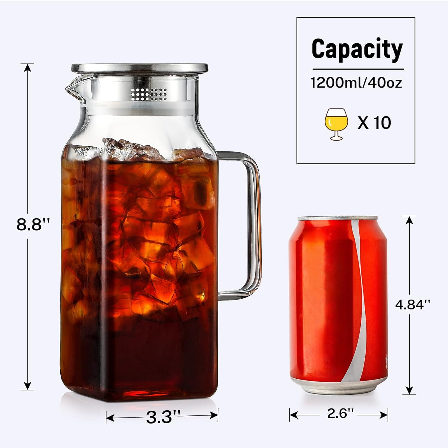 40 oz 1.2L Square Glass Pitcher with Lid and Spout, Handle Fridge Pitcher, Borosilicate Glass Carafe for Hot and Cold Drinks, Small Jug for Iced Tea, Coffee, Water Storage Container