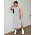 thumbnail image 3 of Black And White Striped Knit Short Sleeve Midi Dress Casual Summer Style, 3 of 6