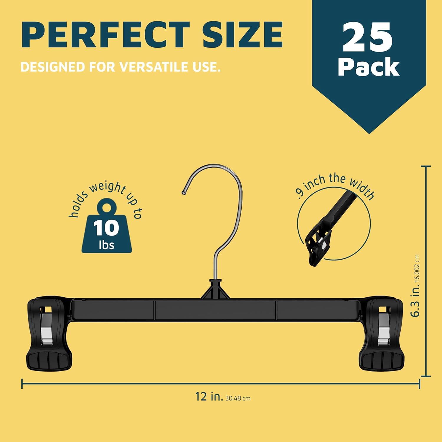 Lifemaster Pants Hangers with Clips, 25 Pack, 12" Heavy-Duty Non-Slip Grip, 360° Swivel Hook, Space-Saving Hangers for Pants, Skirts, Shorts, Black