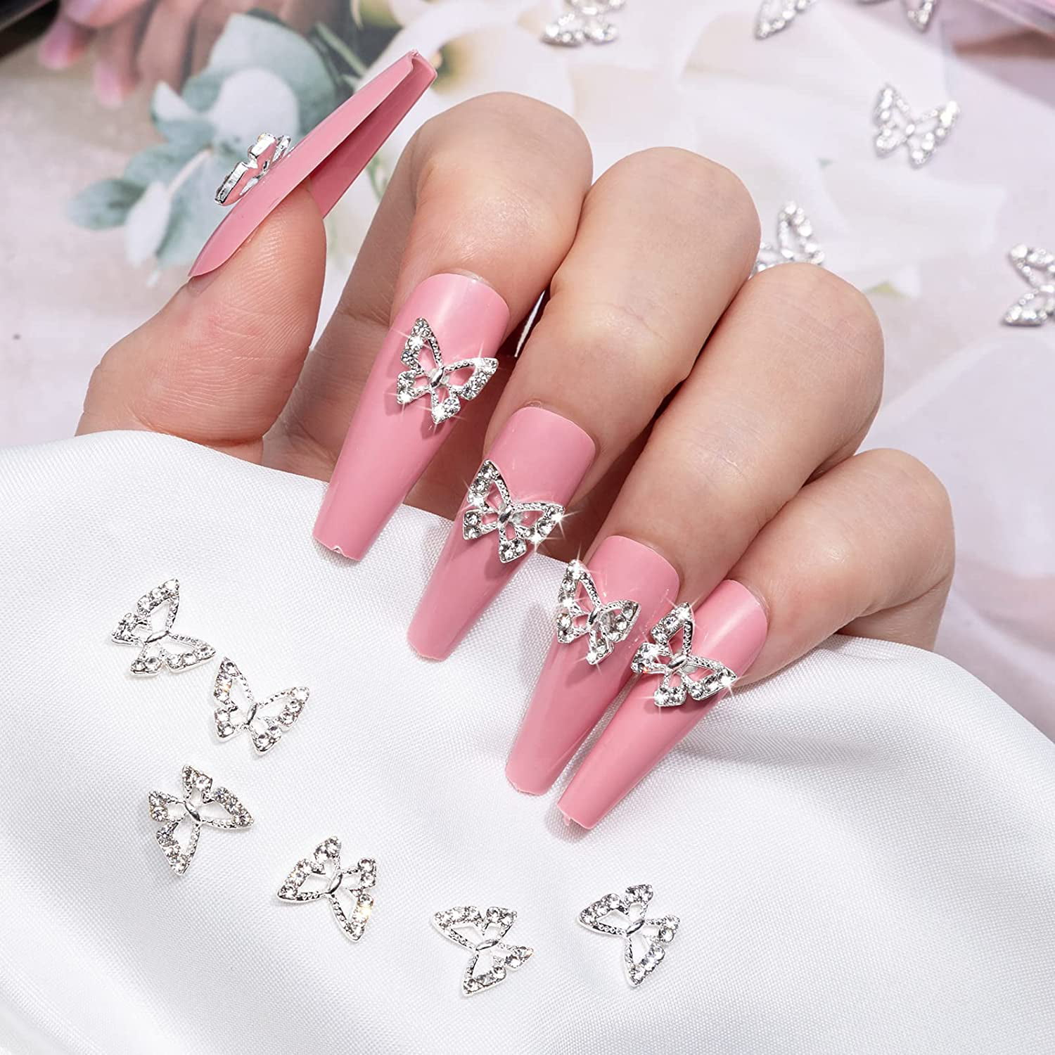BELICEY Pink Nail Art Rhinestones 810PCS Pink Crystal Rhinestones for Nail  Crystals Decoration Nail Hearts Butterfly Charm Nail Dimond Gems Stone for