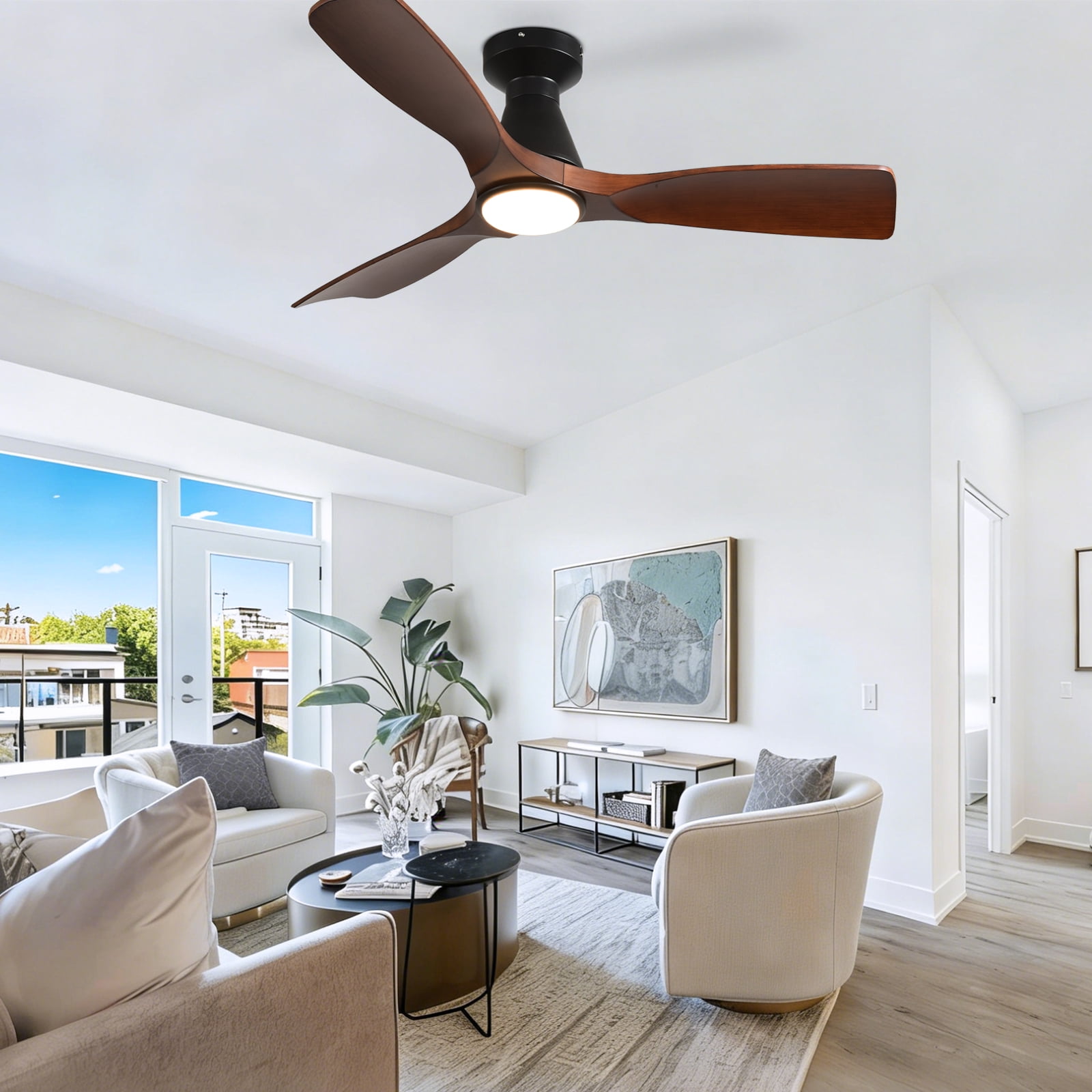 DingLiLighting 42-Inch Ceiling Fan with Lights: Walnut Flush Mount Ceiling Fan with Remote APP Control - Low Profile 3-Blade Fans for Indoor Outdoor 24W 3CCT Dimmable Timer DC Motor