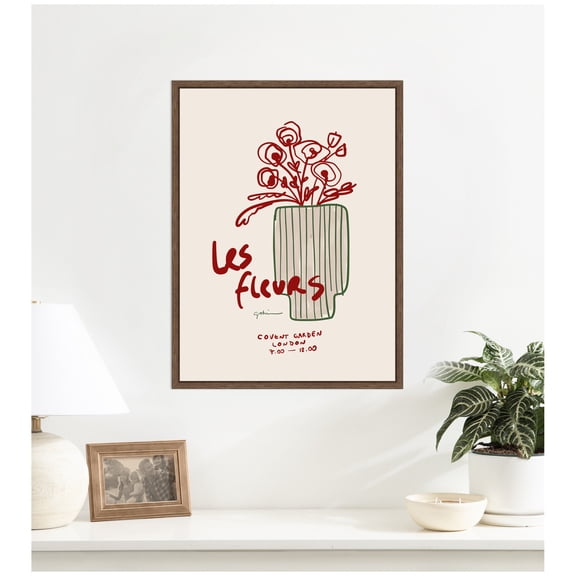 Kate and Laurel Framed Canvas Wall Art Print Les Fleurs by Gabrielly Guedes, 18 x 24 Sylvie Walnut Frame, Modern Contemporary, Typography Art for Wall Decor