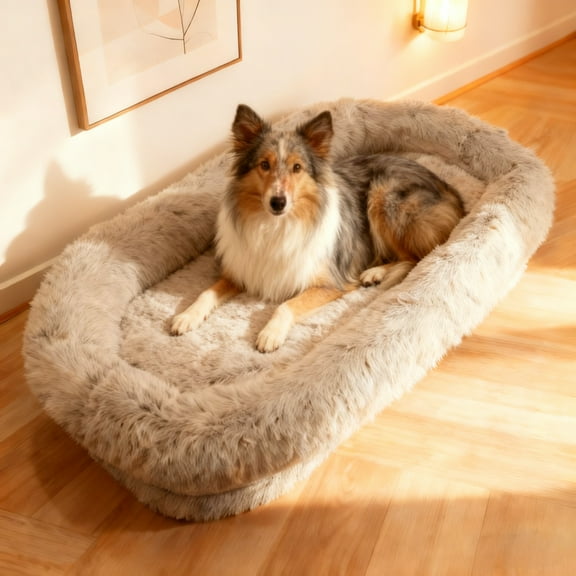 Human Dog Bed for Adult, Washable Faux Fur Dog Bed for People Doze Off, 71''x45''x14'' Size Fits You and Pets, Grey
