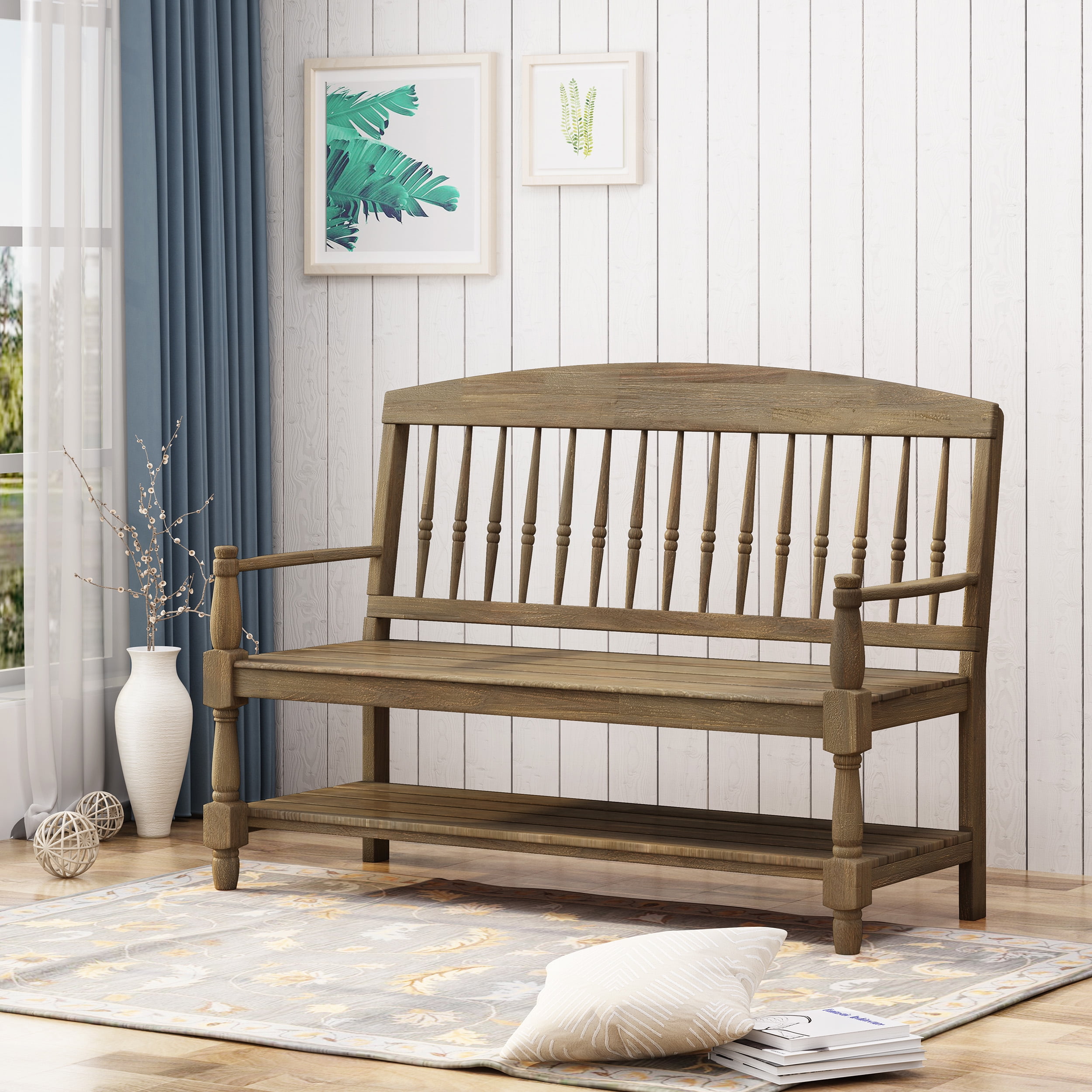 Noble House Zoriah Rustic Acacia Wood Bench with Shelf, Teak