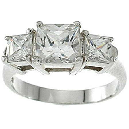 CZ Sterling Silver Platinum Finish Princess 3-Stone Engagement Ring