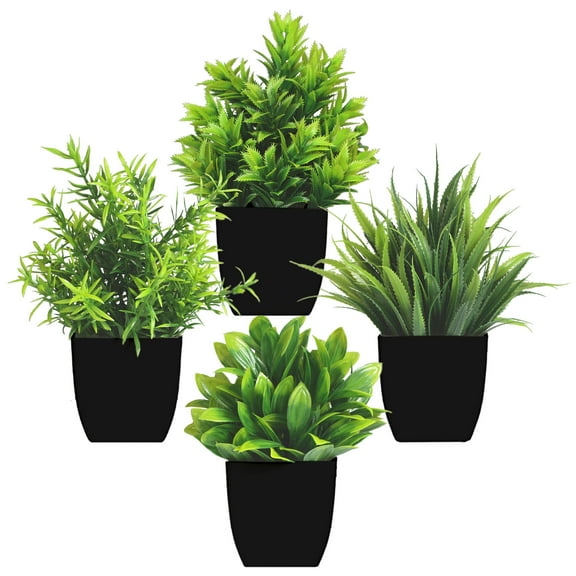 MixMart 4Pack Mini Simulation Potted Plants Fake Plants with Pots Artificial Green Plants Aloe Vera Leaf Potted Plants with Black Pots for Indoor Home Office Bathroom Farmhouse Decoration