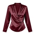 thumbnail image 2 of Vivianyo HD Women's Wrap V Neck Satin Blouses, Irregular Ruched Long Sleeve Solid Casual Silky Tops for Women, Women's Wine, Sizes S-3XL, 2 of 5
