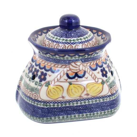 Blue Rose Polish Pottery Aztec Flower Small Garlic Keeper