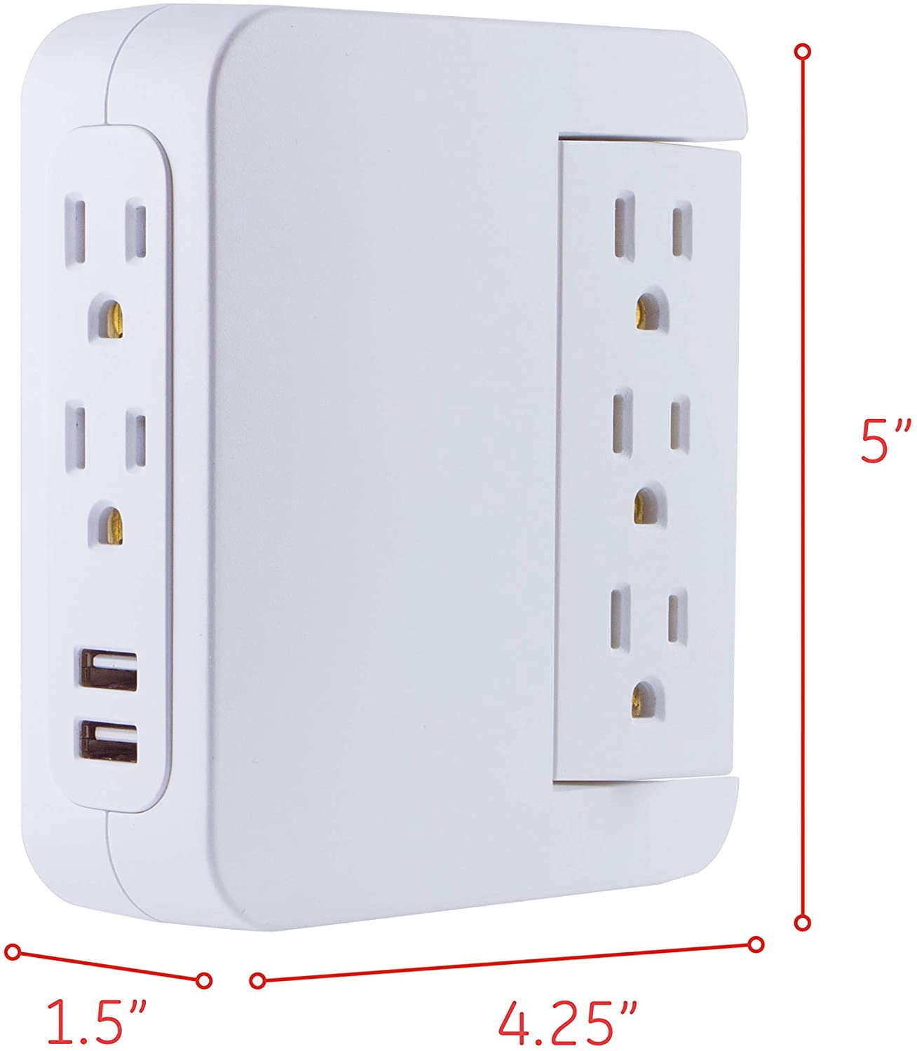 GE Pro Side-Access Swivel Surge Protector, 5-Outlet Wall Tap with 2 USB Ports, 3 Prong, Charging Station, 560 Joules, White, 2 Pack - 55246
