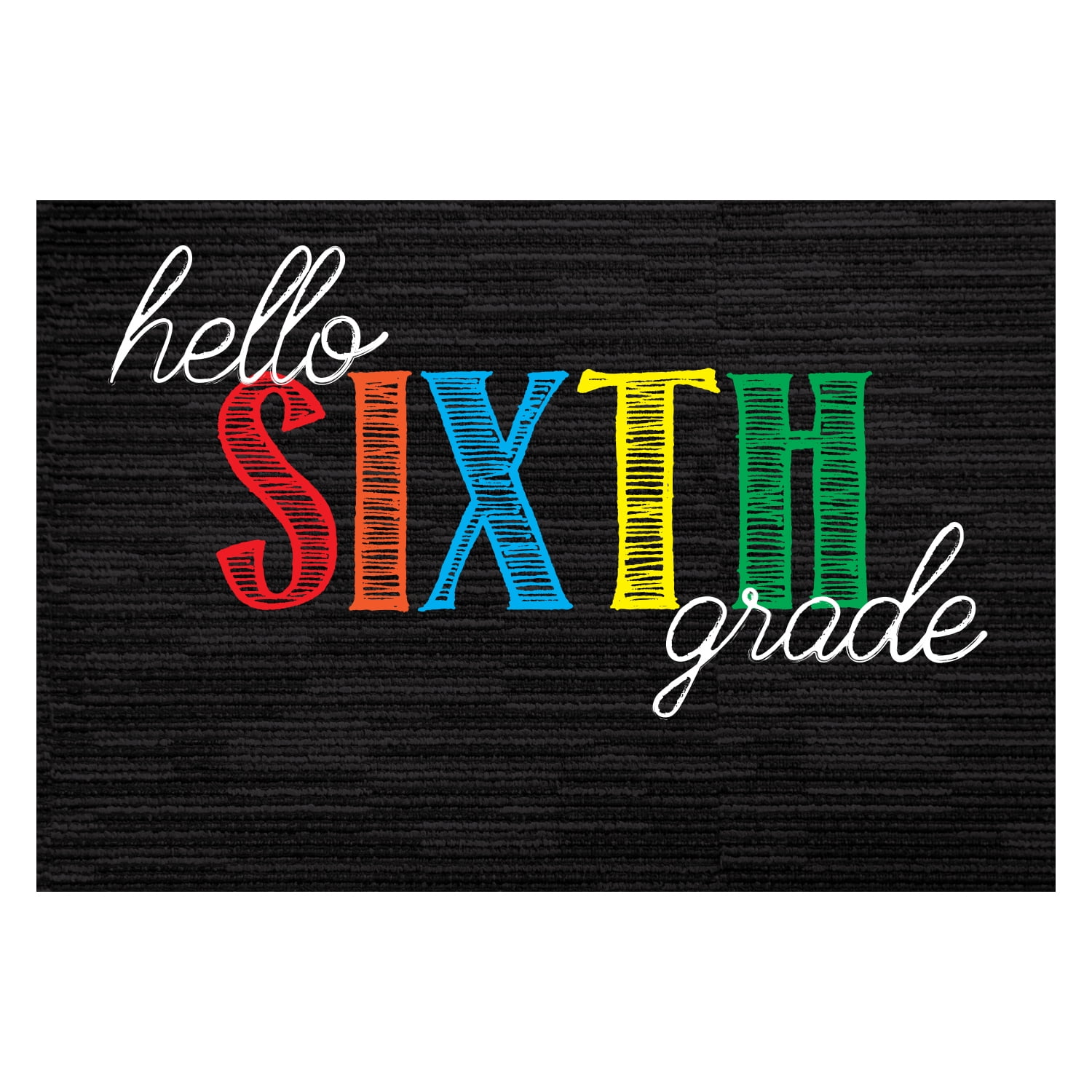 Personalized Planet 27x18 Hello Sixth Grade Doormat with Custom Teacher Name Printed on Black Rectangular 1/8” Thick Non Slip Mat for School Classroom or Home