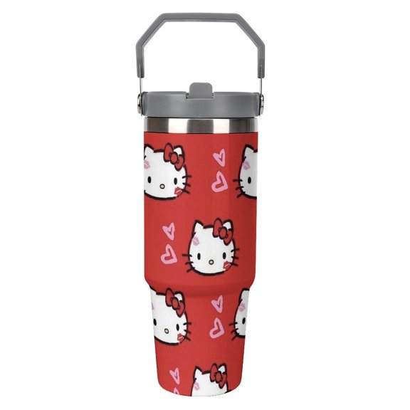 Red Hello Kitty 30oz Stainless Steel Tumblers with Flip Straw & Handle, Insulated Double Walled Water Bottle for Home, Office, Car, Leak Proof, Reusable