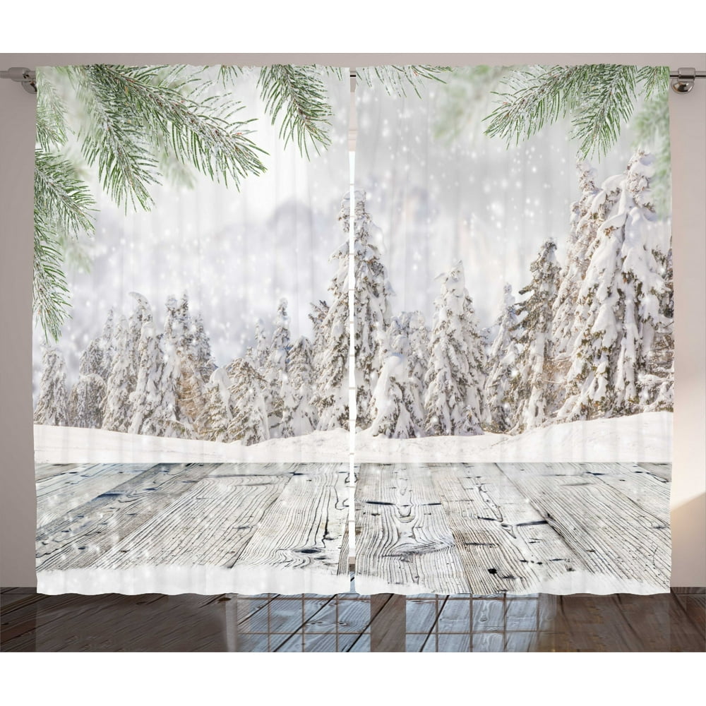 Winter Curtains 2 Panels Set, Abstract Christmas Theme with Snow