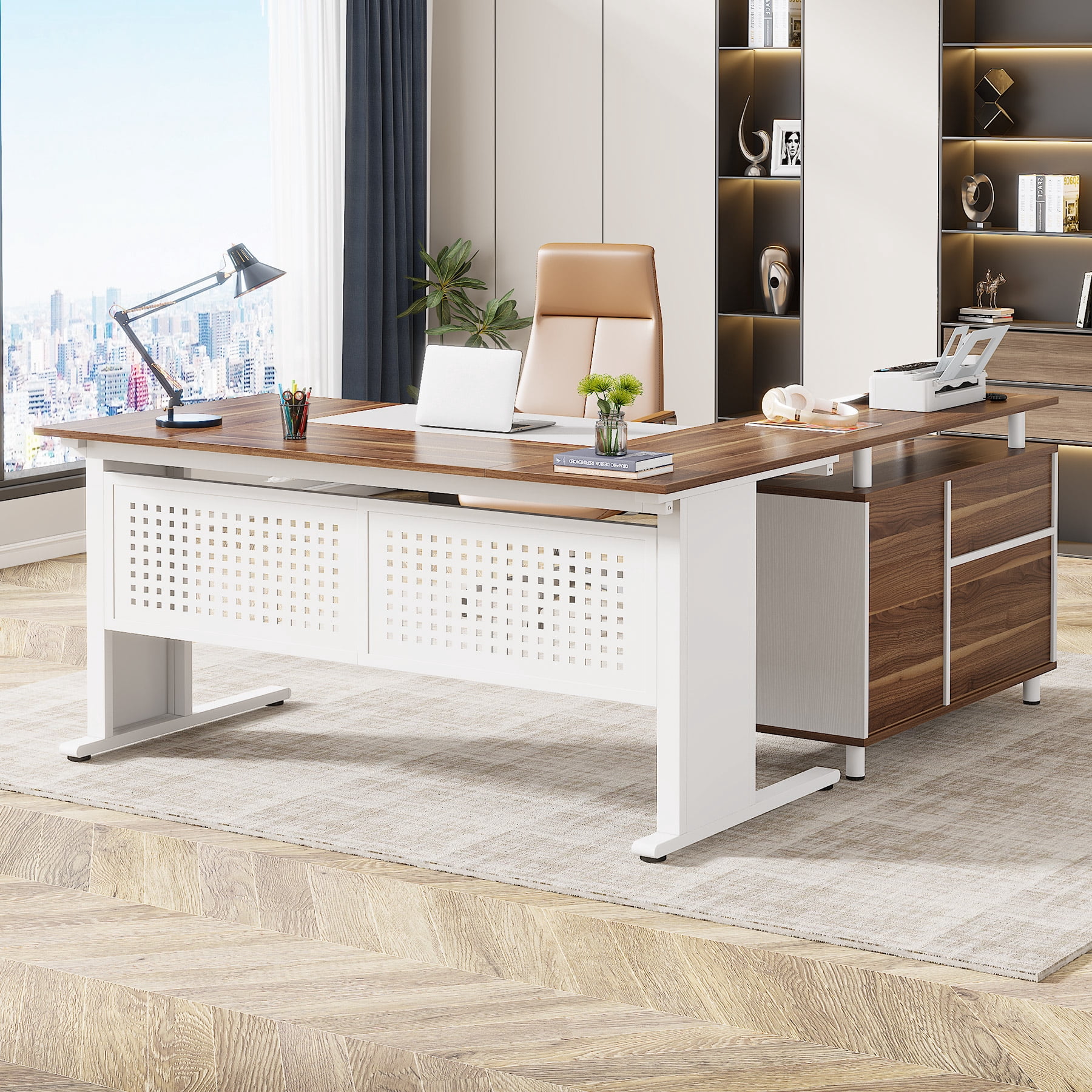 Tribesigns 63 Inch Executive Desk with File Cabinet, L Shaped Computer Desk with Drawers and Storage Shelves, Large Office Desk Business Furniture Desk Workstation for Home Office, Walnut and White
