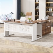 Tribesigns 63 Inch Executive Desk with File Cabinet, L Shaped Computer Desk with Drawers and Storage Shelves, Large Office Desk Business Furniture Desk Workstation for Home Office, Walnut and White