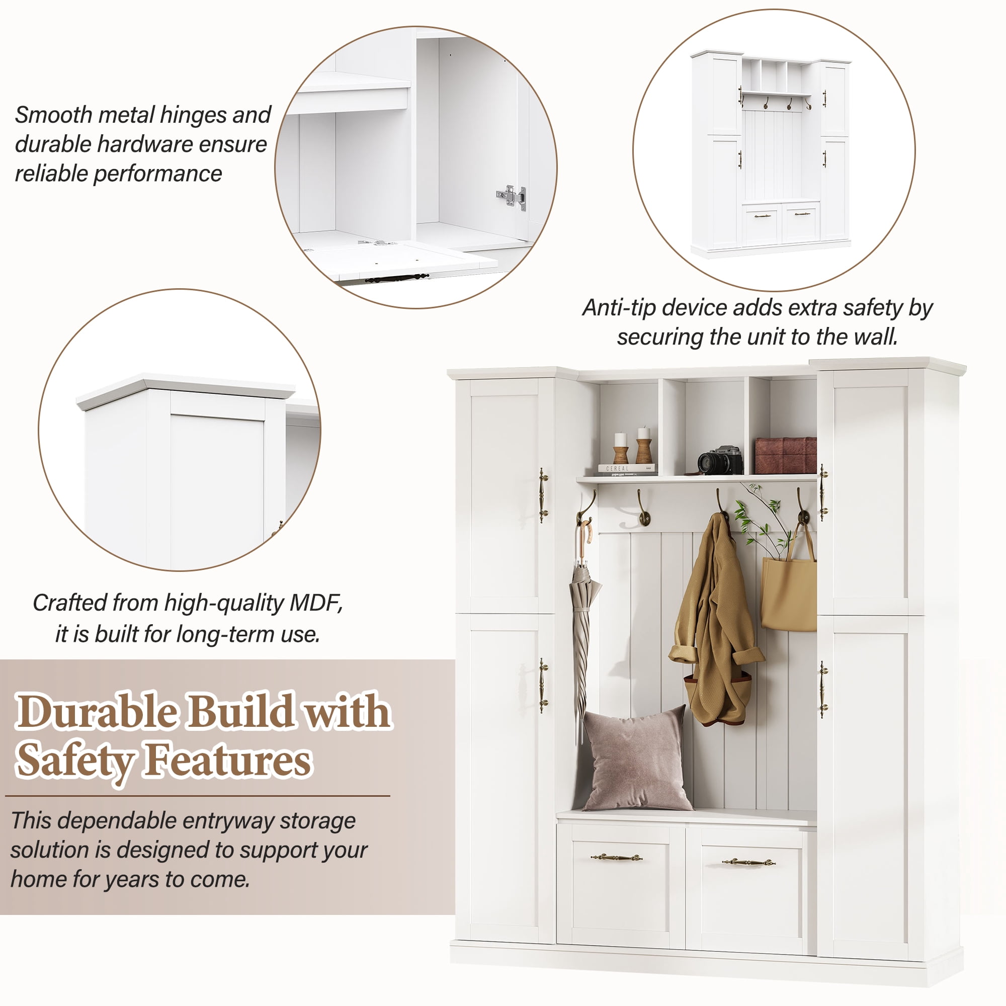 Homy Casa 60" Farmhouse Hall Tree with Built-in Bench, Coat Rack, 5 Hooks & Cabinets, White