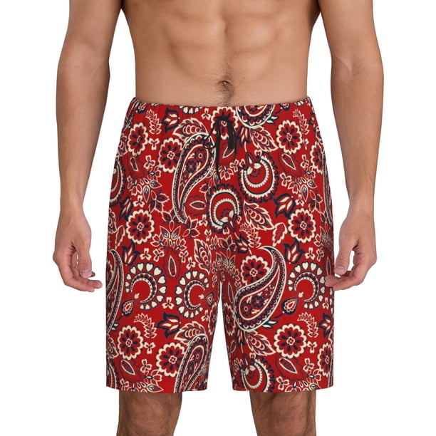 Balery Vintage Red Paisley Pantalones cortos de pijama de punto de algodón para hombre con cinturilla y bolsillos-3X-Large