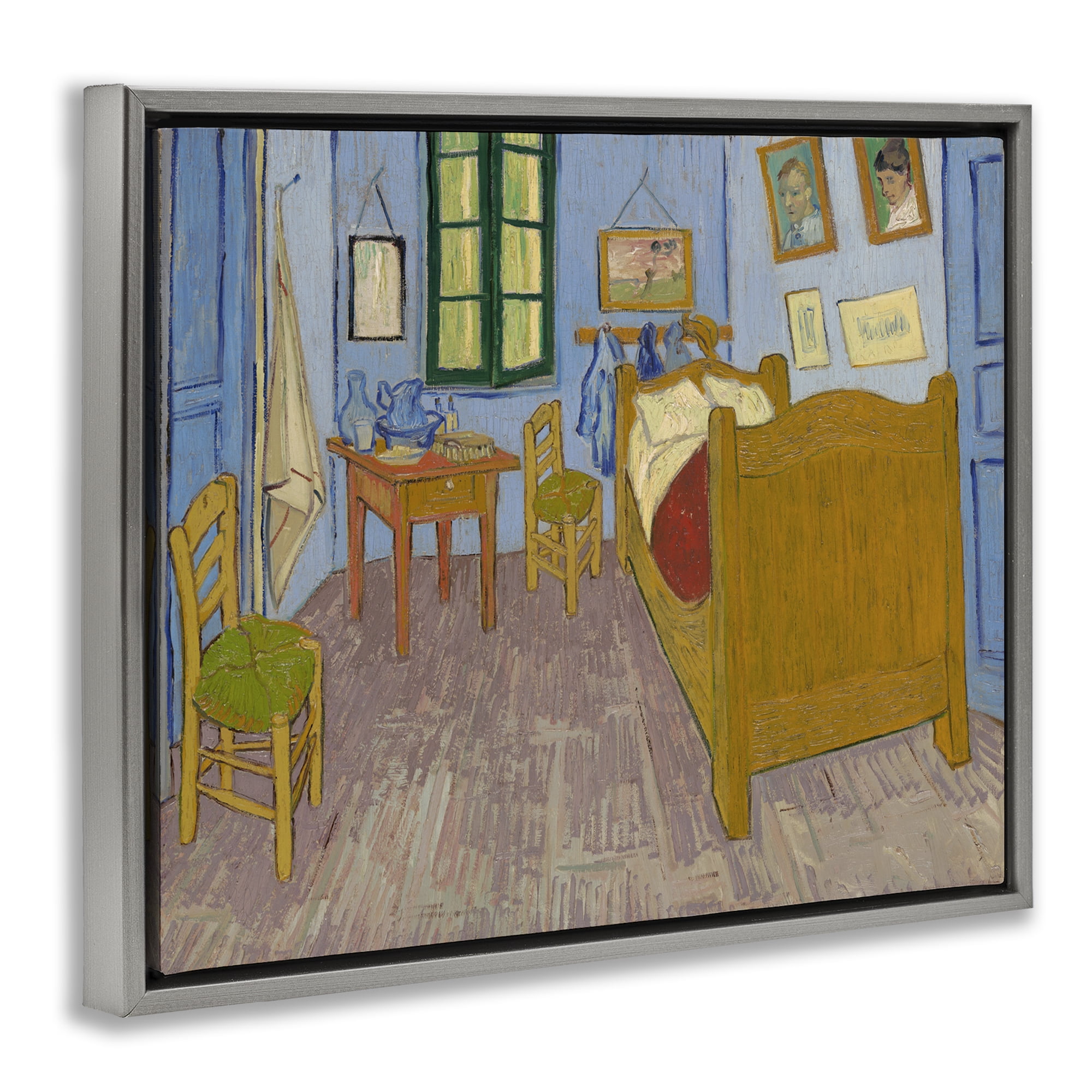 Stupell Industries Classical Van Gogh Bedroom Buildings & Architecture Painting Gray Floater Framed Canvas Art Print Wall Art, 21 x 17