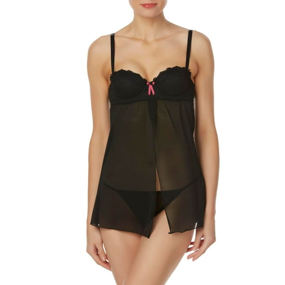 sentron Women's Balconette Chemise & Thong Panties, Size: Large, Black