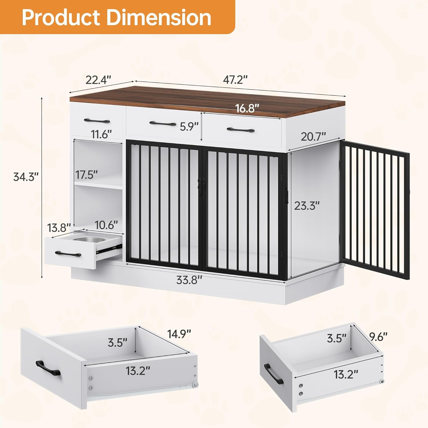Selooye Large Dog Crate Furniture, Sturdy 2-Door 47.2" Wooden Furniture Style Crate for Dogs with 3 Storage Drawers and Hidden Feeding Bowl