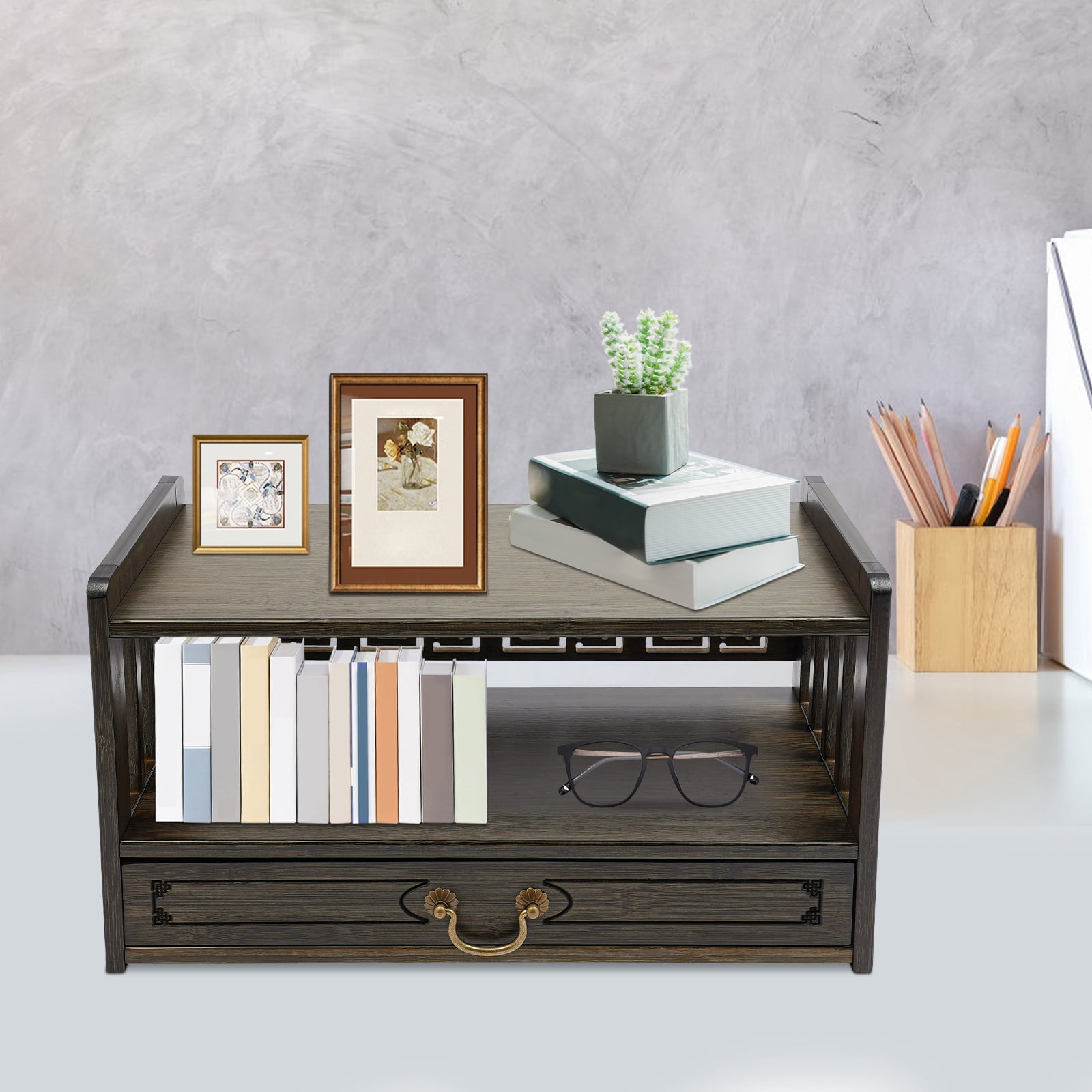 Table with Drawer, Floor Table for Prayers, Table Desktop Organizer Tatami Desk for Prayers Divination or Displaying Jars Plants Books (Walnut Color)