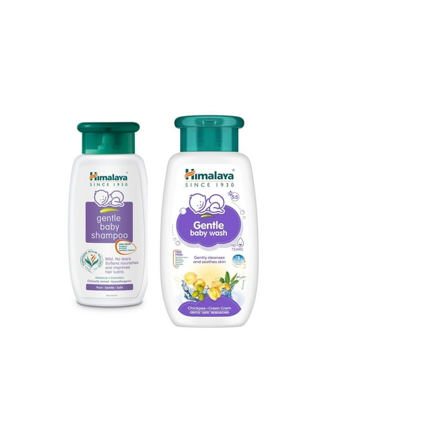 Himalaya Gentle Baby Wash, 200ml, and Gentle Baby Shampoo, 200ml, displayed in white bottles with green caps. The baby wash features a purple label with a baby icon and highlights ingredients like chickpea and green gram, promoting gentle cleansing and soothing for baby skin. The shampoo has a similar design, emphasizing mild, tear-free care with hibiscus and chickpea for nourishing and softening hair. Both products are hypoallergenic and free from synthetic colors, sulfates, and parabens.