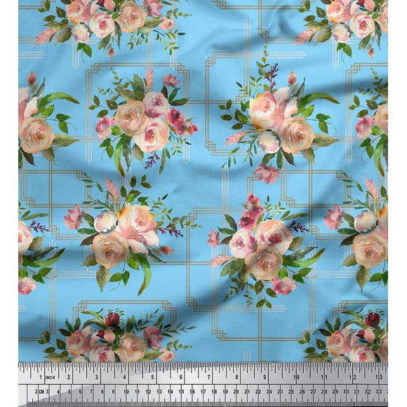 Soimoi Blue polyester Crepe Fabric Leaves & Rose Floral Print Sewing Fabric Yard 42 Inch Wide