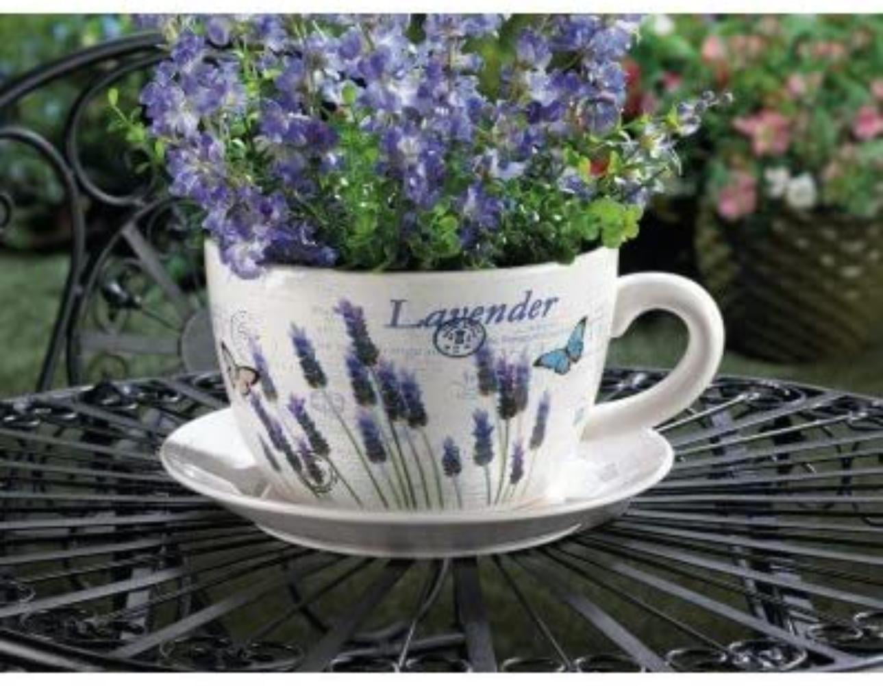 Lavender & Butterfly Theme Teacup & Saucer Planter Drain Hole Bottom of Teacup 
