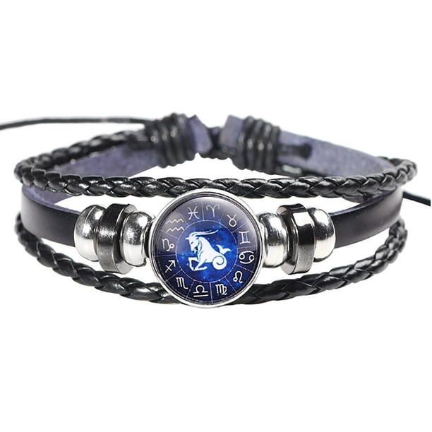 Moda Hombres Mujeres Constelación 12 Signo del Zodiaco Pulseras Punk Tejido de cuero