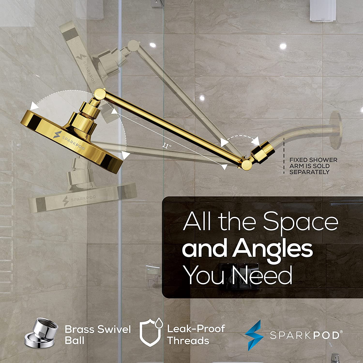 SparkPod Rain Shower Head with Adjustable Extension Arm 11" - High Pressure, Easy Install (6" inch Shower head, Egyptian Gold)
