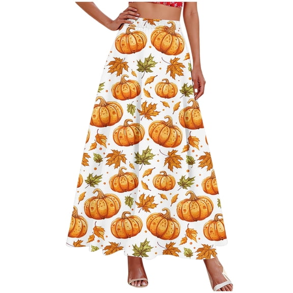 Fmbrln Womens Halloween Casual A-line Maxi Skirts Halloween Print Elastic Waist Flowy Skirts with Pockets