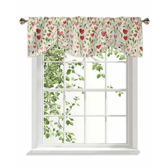 Tie Up Valance Curtain for Kitchen, Valentine's Day Red Love Heart Leaves Rod Pocket Short Curtains Adjustable Tie-Up Shade Valances, Green Foliage Seamless Window Treatment for Bedroom 54x18in
