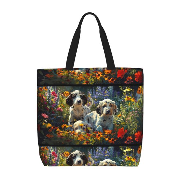 Sikiie Sunflower Field Spotted Dog Print Single Shoulder Bag, Large Capacity Zipper Handbag, Waterproof Shopping Bag, School and Work Shoulder Bag