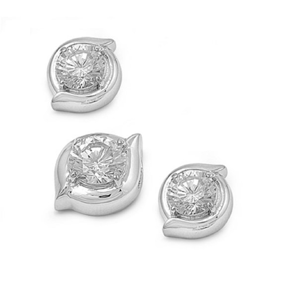 Round Clear Cubic Zirconia Matching Set Sterling Silver