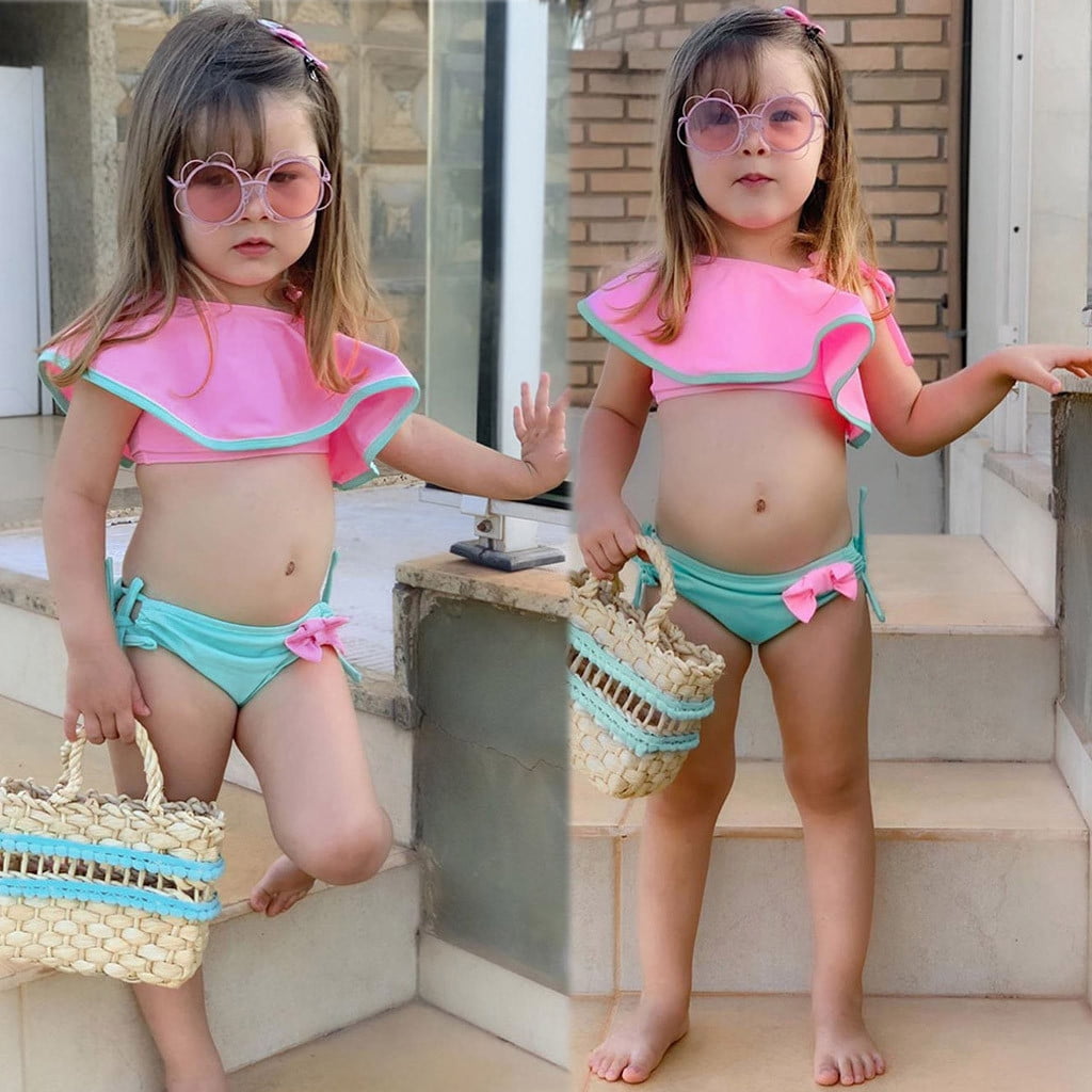 Summer Kids Baby Girls Ruffles Two Piece Solid Swimwear Swimsuit Bikini Outfits