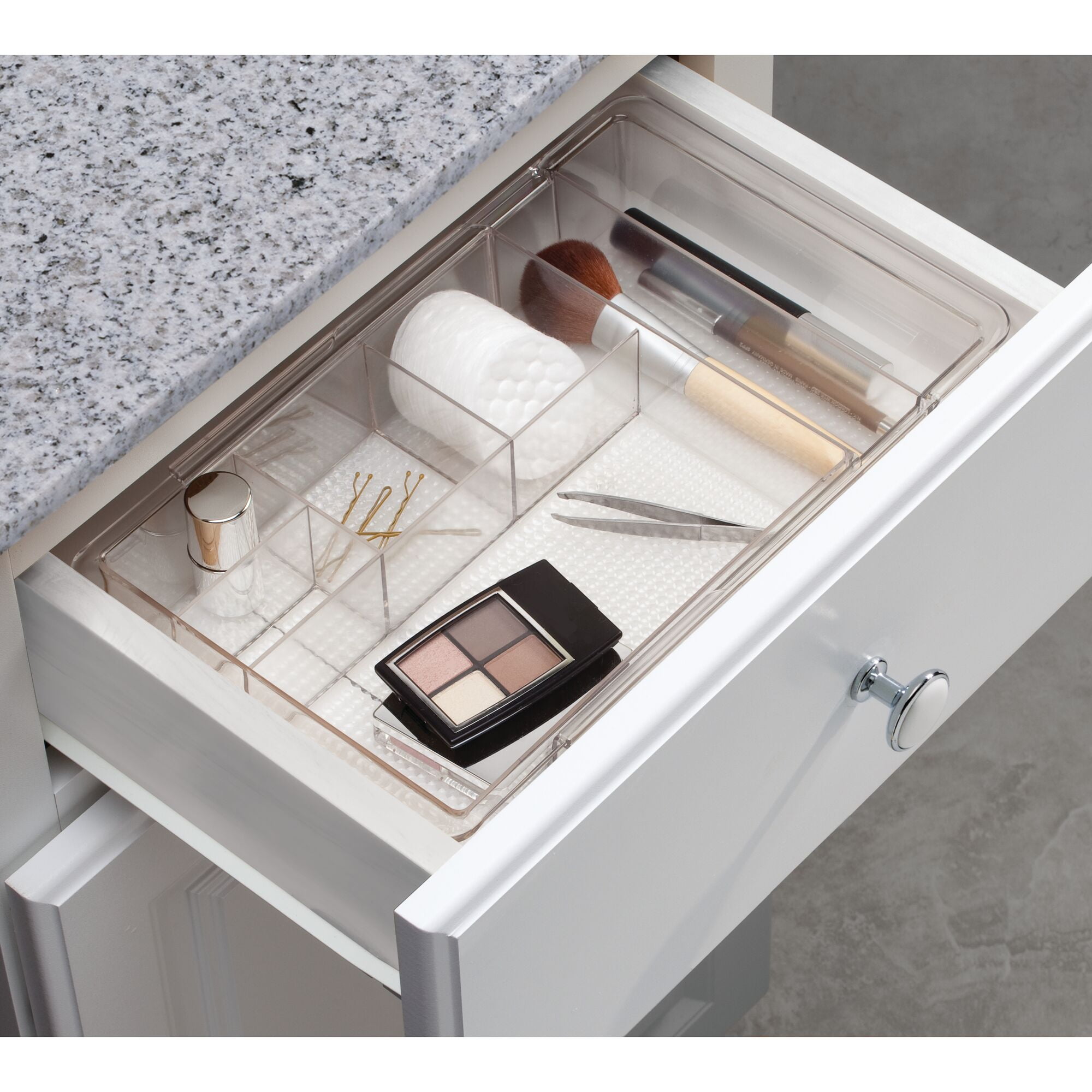 iDesign Clarity Expandable Divided Drawer and Shelf Organizer Tray, 7.8" x 11.5" x 1.25", Clear