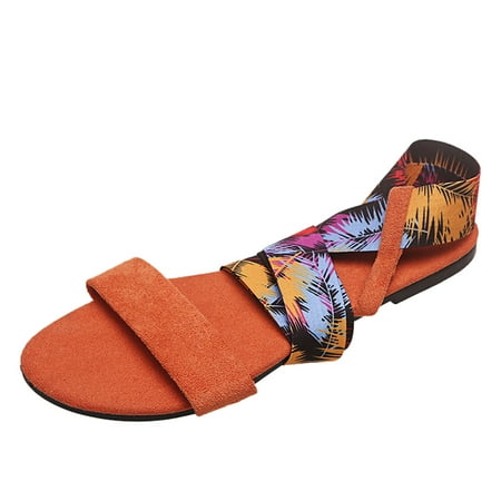 

Sehao Summer Sandals for Women Women s Fashion Summer Flat Satin Color Print Suede Lace-Up Sandals Flock