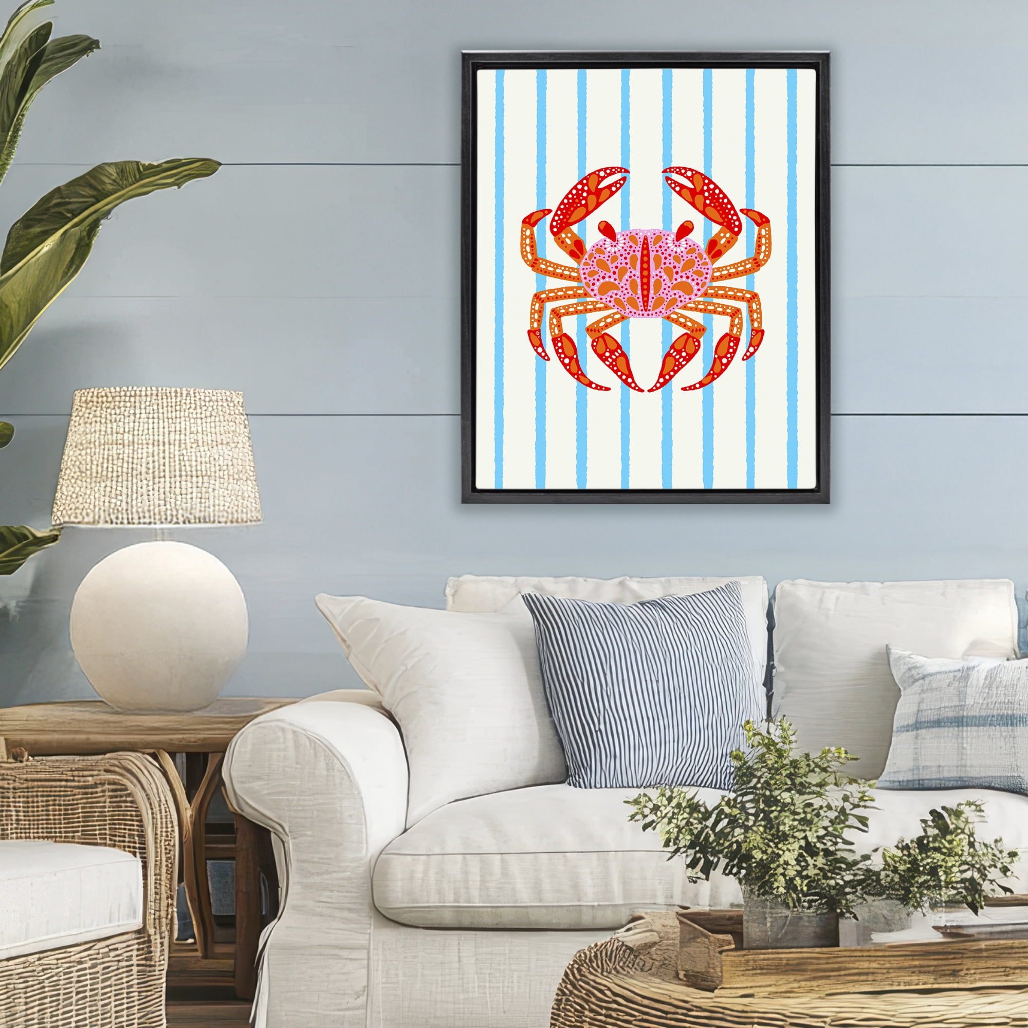 Stupell Industries Bright Crab on Stripes Black Framed Floater Canvas Wall Art, design by Indira Prieto | IndySign