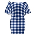 thumbnail image 6 of Modern Navy Blue White Buffalo Check Geometric Plaid Women's Off The Shoulder Ruffles Summer Wedding Guest Loose Casual Party Beach Dress, 6 of 9