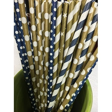 125 Navy and Gold Paper Straws - Party DIY, Mason Jars, Baby Shower, Chevron and Polka Dots