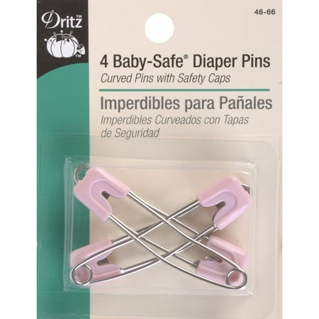 Dritz Baby Safe Curved Stainless Steel Diaper Pins, Pink, 4 Pack