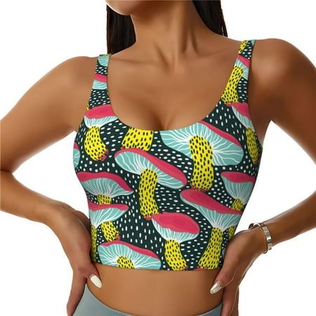 Jgfou Green Mushroom Print Womens Sports Bra - Padded Workout Sports Bras Crop Tank Top