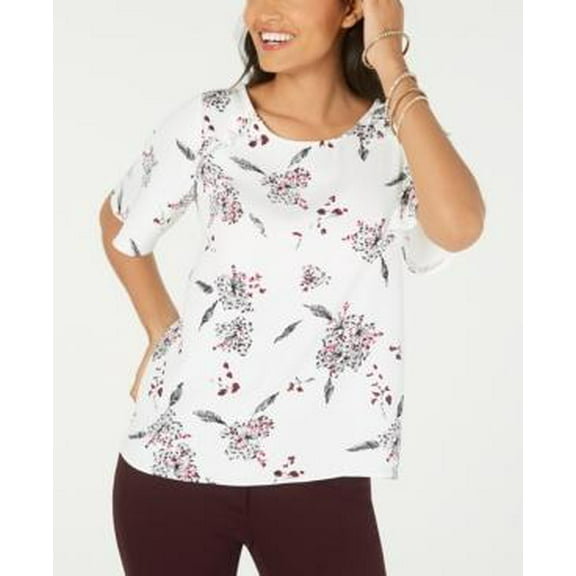 MSRP $70 Alfani Petite Printed Ruffle-Trim Top White Size PS